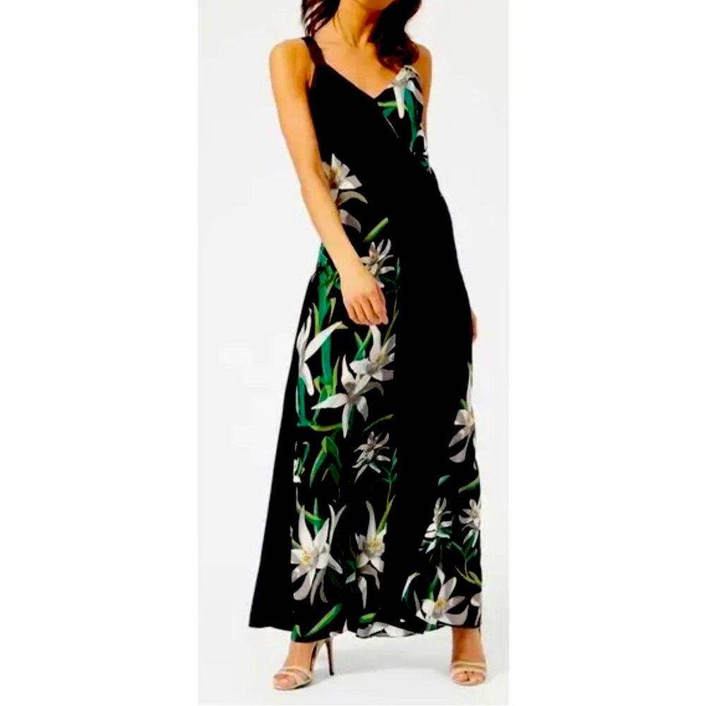 Diane Von Furstenberg Black Maxi Dress with White and Green Floral Print